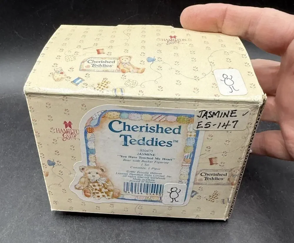 Cherished Teddies M Jasmine Bear w Basket Figurine 1991 Brand New In Box & COA 1